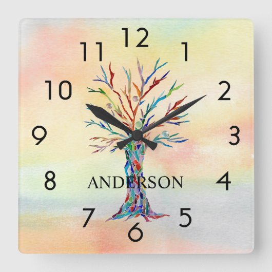 Naam Monogram Regenboogboom Square Wall klok (Voorkant)