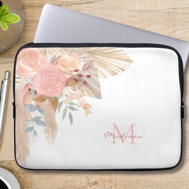 Naam Monogram Roze Floral Laptop Sleeve (Creator heeft geüpload)