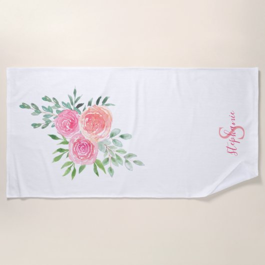 Naam Monogram Roze Floral Strandlaken (Voorkant)