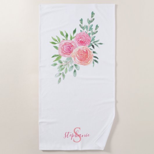 Naam Monogram Roze Floral Strandlaken (Voorkant)