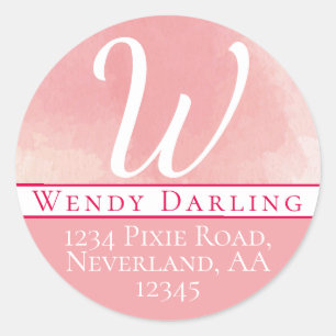 Naam Monogram roze Waterverf Adres Ronde Sticker