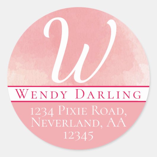 Naam Monogram roze Waterverf Adres Ronde Sticker (Voorkant)