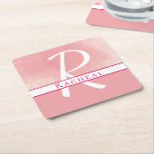 Naam Monogram roze Waterverf Papier Onderzetter (Schuin)
