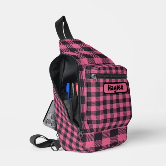 Naam Monogram Roze & Zwarte Buffel Plaid | Sling Bag (Open)