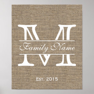Naam monogram Rustic Burlap Poster