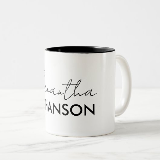 Naam Monogram script | Moderne, minimalistische vr Tweekleurige Koffiemok (Voorkant rechts)