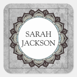 Naam Monogram Sierlijk Gestileerde Bloemrand Grijs Vierkante Sticker