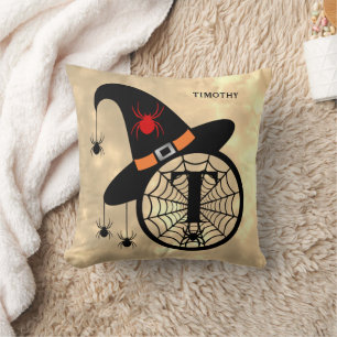 Naam Monogram T Halloween Sky Witch Spiders Kussen