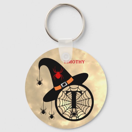 Naam Monogram T Halloween Sky Witch Spiders Sleutelhanger (Voorkant)