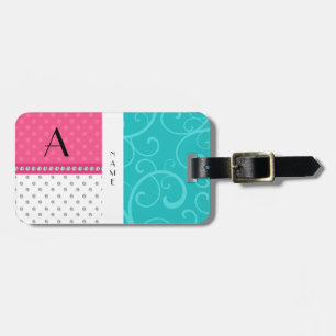 Naam monogram turquoise zwaait roze pols bagagelabel