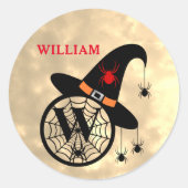 Naam Monogram W Halloween Sky Witch Spiders Ronde Sticker (Voorkant)