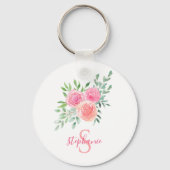 Naam Monogram Waterverf Roze Bloemen Sleutelhanger (Voorkant)