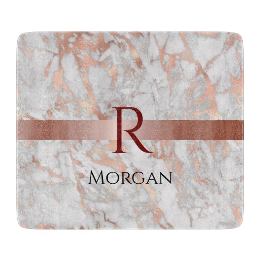 Naam & monogram, wit & roze goud marmer snijplank (Voorkant)