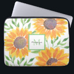 Naam Monogram Zonnebloemen Laptop Sleeve<br><div class="desc">Deze unieke laptophoes heeft een waterverf zonnebloem- en bladpatroon in de kleuren geel en groen. Gemakkelijk aan te passen met jouw naam en monogram. Originele Waterverf © Michele Davies.</div>