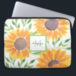 Naam Monogram Zonnebloemen Laptop Sleeve<br><div class="desc">Deze unieke laptophoes heeft een waterverf zonnebloem- en bladpatroon in de kleuren geel en groen. Gemakkelijk aan te passen met jouw naam en monogram. Originele Waterverf © Michele Davies.</div>