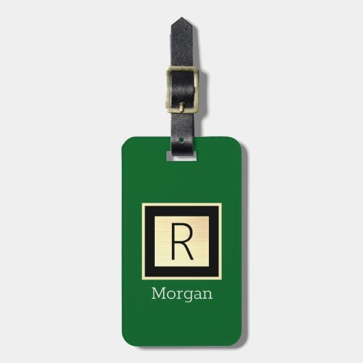 Naam & Monogram, Zwarte & Gouden Doos Forestgroen  Bagagelabel (Voorkant verticaal)