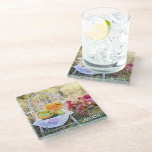 Naam, Mooie Herfst Wilde Bloemen Vintage Print Glazen Onderzetter