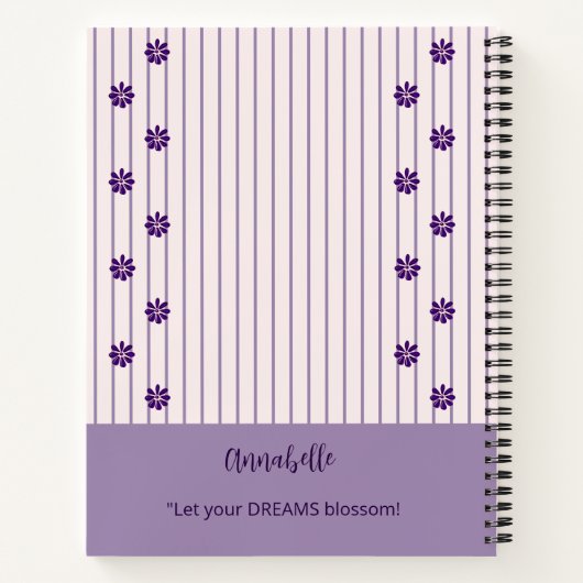 naam & motto Violette strepen en bloemen Notitieboek (Achterkant)