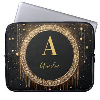 Naam naar keuze Zwarte Glitter Monogram Letter Laptop Sleeve