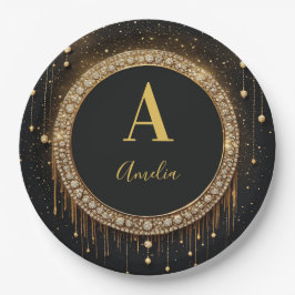Naam naar keuze Zwarte Glitter Monogram Letter Papieren Bordje