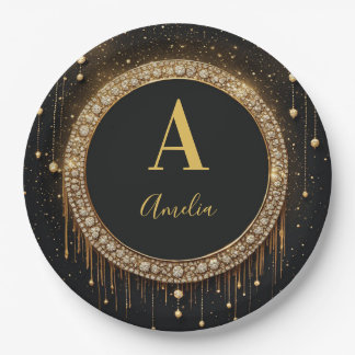 Naam naar keuze Zwarte Glitter Monogram Letter Papieren Bordje