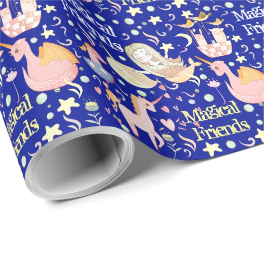Naam, Narwhal Mermaid Unicorn Dragon Small Print Cadeaupapier (Rol Hoek)