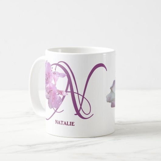  naam Natalie  roze bloemenkunst Koffiemok (Voorkant links)