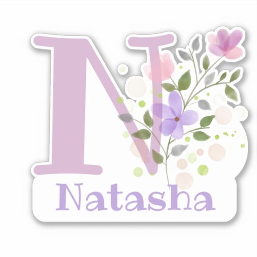 Naam Natasha & Initiaal met Floral Design Sticker (Voorkant)