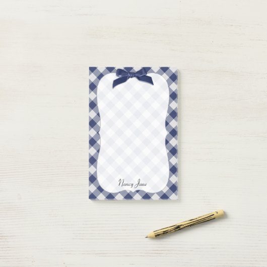 Naam Navy Blue Gingham Checkpatroonbeugel Post-it® Notes (Op bureau)