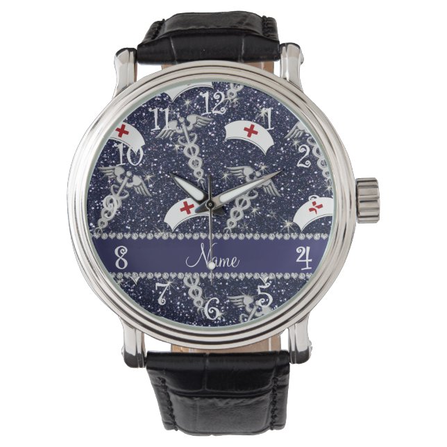 Naam navy blue glitter verpleegster petten Silver  Horloge (Voorkant)