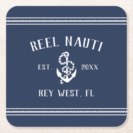 Naam Navy Blue Rope en Anchor Boat Kartonnen Onderzetters (Voorkant)