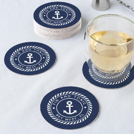Naam Navy Blue Rope en Anchor Boat Ronde Kartonnen Onderzetter