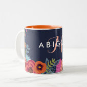 Naam Navy Boho Flowers & Monogram Tweekleurige Koffiemok (Voorkant links)