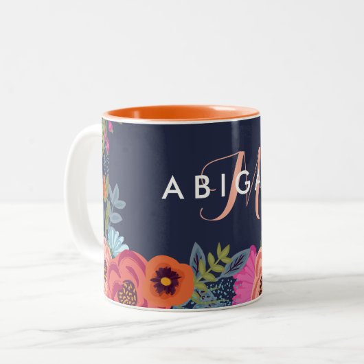 Naam Navy Boho Flowers & Monogram Tweekleurige Koffiemok (Voorkant links)