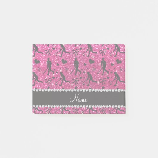 Naam neon hot roze glitter field hockey hearts bow post-it® notes (Voorkant)