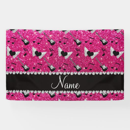 Naam neon hot roze glitter guiters hartvleugels spandoek (Horizontaal)