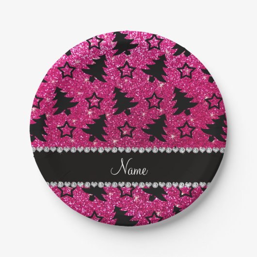 Naam neon hot roze glitter kerstbomen sterren papieren bordje (Voorkant)