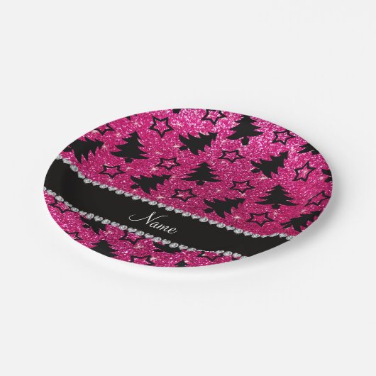 Naam neon hot roze glitter kerstbomen sterren papieren bordje (Gekanteld)