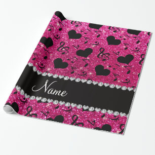 Naam neon hot roze glitter muzieknoten harten cadeaupapier