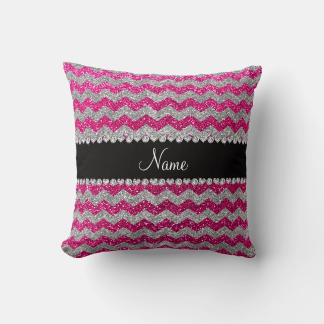 Naam neon hot roze zilverglitter chevrons kussen (Voorkant)