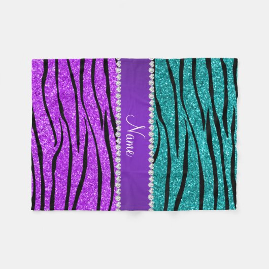 Naam neon paarse turquoise glitter zebra stripes fleece deken (Voorkant (Horizontaal))