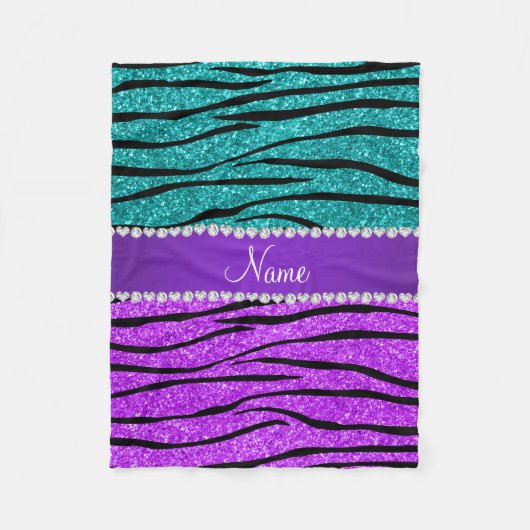 Naam neon paarse turquoise glitter zebra stripes fleece deken (Voorkant)