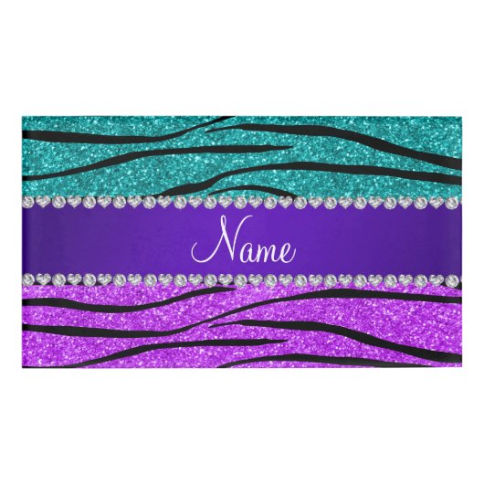 Naam neon paarse turquoise glitter zebra stripes naambadge (Voorkant)