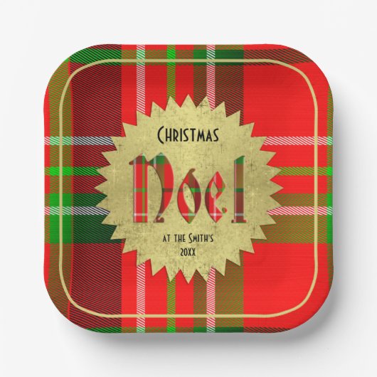 Naam | Noel Typografie Red Green Kerstmis Papieren Bordje (Voorkant)