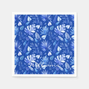 Naam op Cobalt Blue Tropical Leaves Cocktail Servet