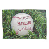 Naam op een honkbal in gras kussensloop (Voorkant-Links)