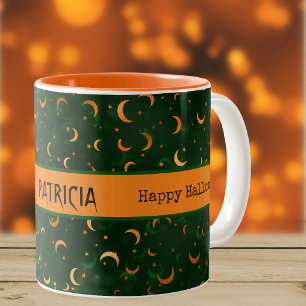 Naam op Halloween Bokeh Manen & Sterren 11oz Tweekleurige Koffiemok
