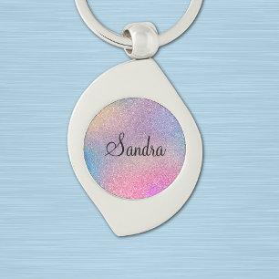 Naam op Kleurrijke Rainbow Glitter Print Swirl Sleutelhanger