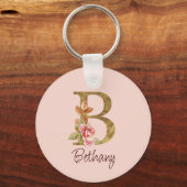 Naam op maat Goud Folie Blush Roze Rozen Letter B Sleutelhanger (Voorkant)