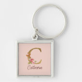 Naam op maat Goud Folie Blush Roze Rozen Letter C Sleutelhanger (Voorkant)